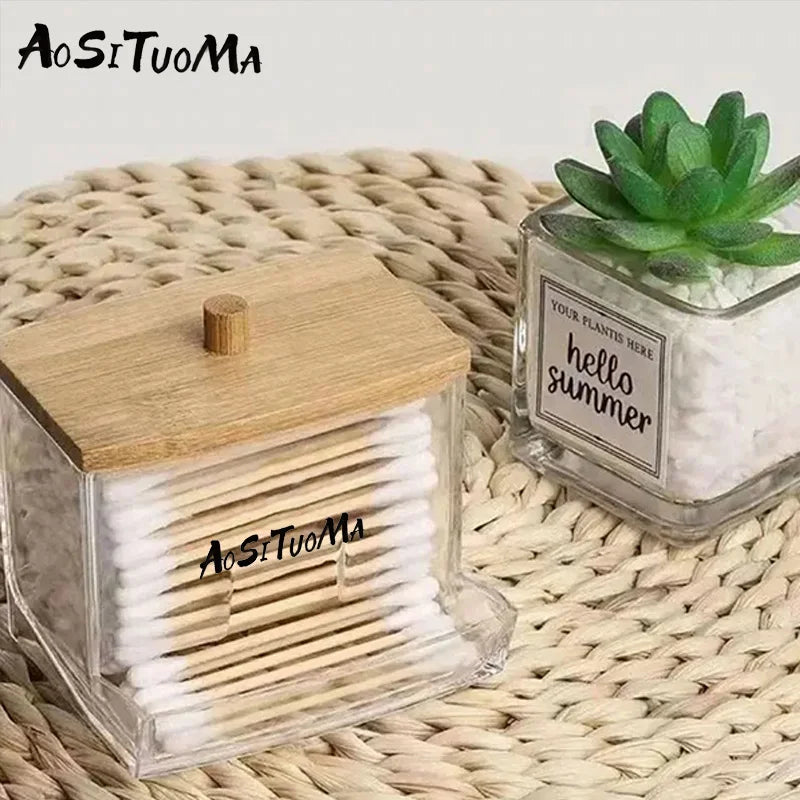 1pc7 Oz Cotton Swab Pads Holder Organize And Store Cotton Buds In Style With Wood Lids Perfect For Bathroom And Apothecary Jars