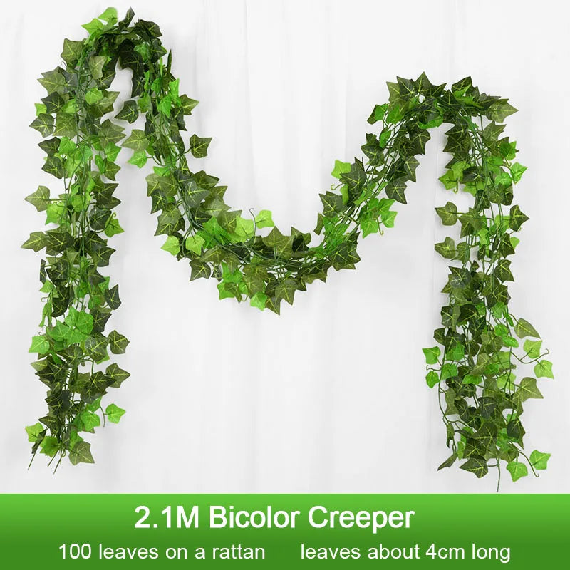 2.1M Artificial Plant Green Ivy Leaf Garland Silk Wall Hanging Vine Home Garden Decoration Wedding Party DIY Fake Wreath Leaves