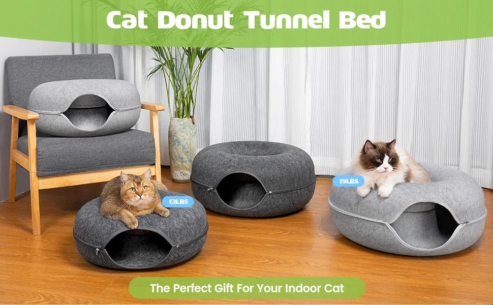 Cat Tunnel Peekaboo Cat Cave Bed for Indoor Cats Cat Donut Tunnel for Pet Cat House Cat Felt & Washable Interior Cat Play Tunnel