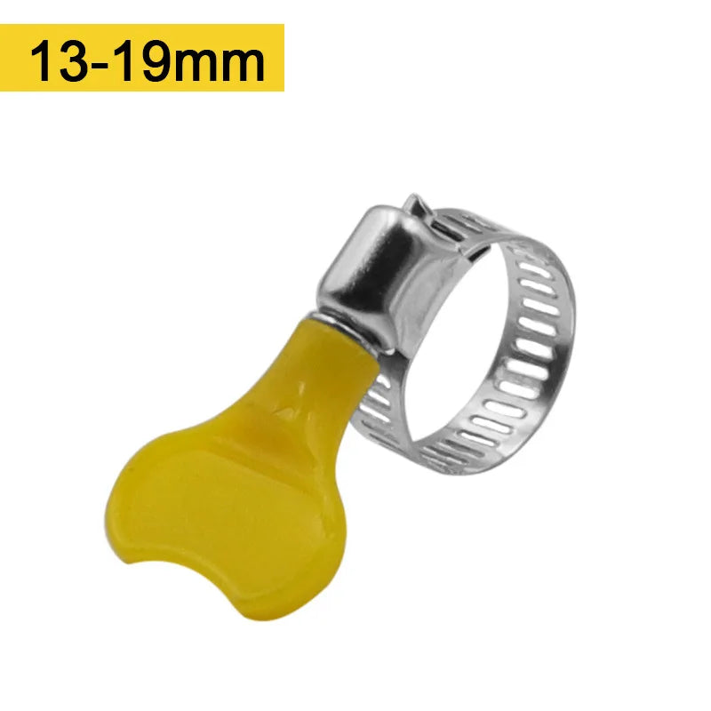 5 pcs 8-44mm Adjustable Yellow Plastic Handle Hand Twist Hose Clamps Worm Driving  201 Stainless steel Pipe Clips For Tube