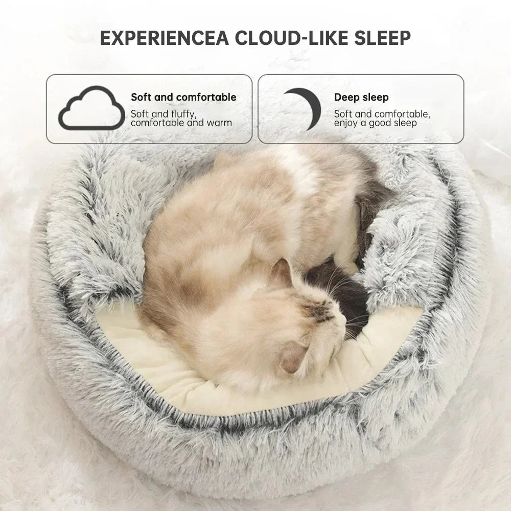 1PC Cat Beds Round Soft Plush Burrowing Cave Hooded Cat Bed Donut for Dogs Cats Comfortable Self Warming Dog Bed Pet Accessories