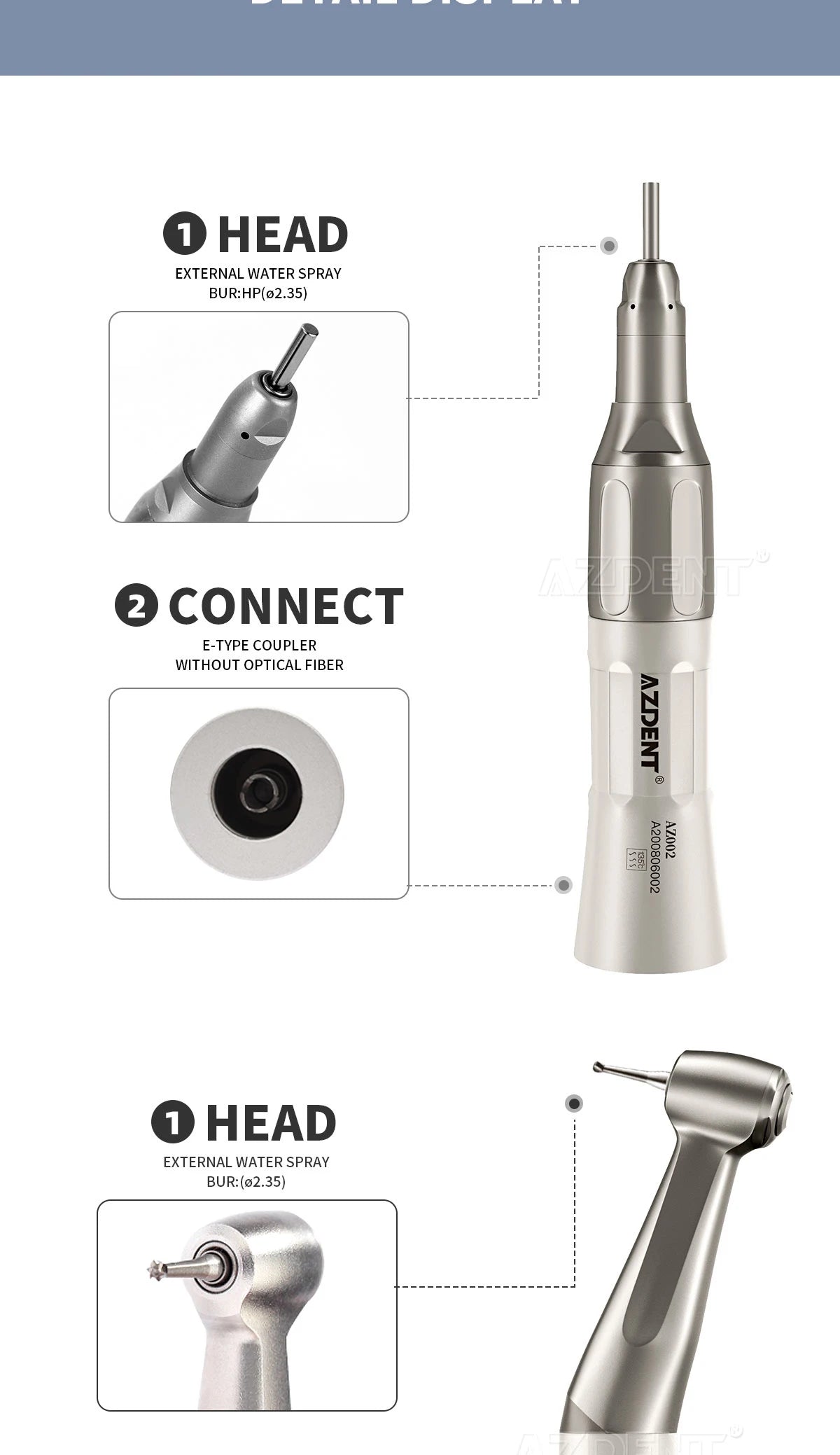 1PC AZDENT Dental Low Speed Handpiece 1:1 Contra Angle for ø2.35mm CA Burs Push Button Straight NoseCone Air Motor 2/4 Holes