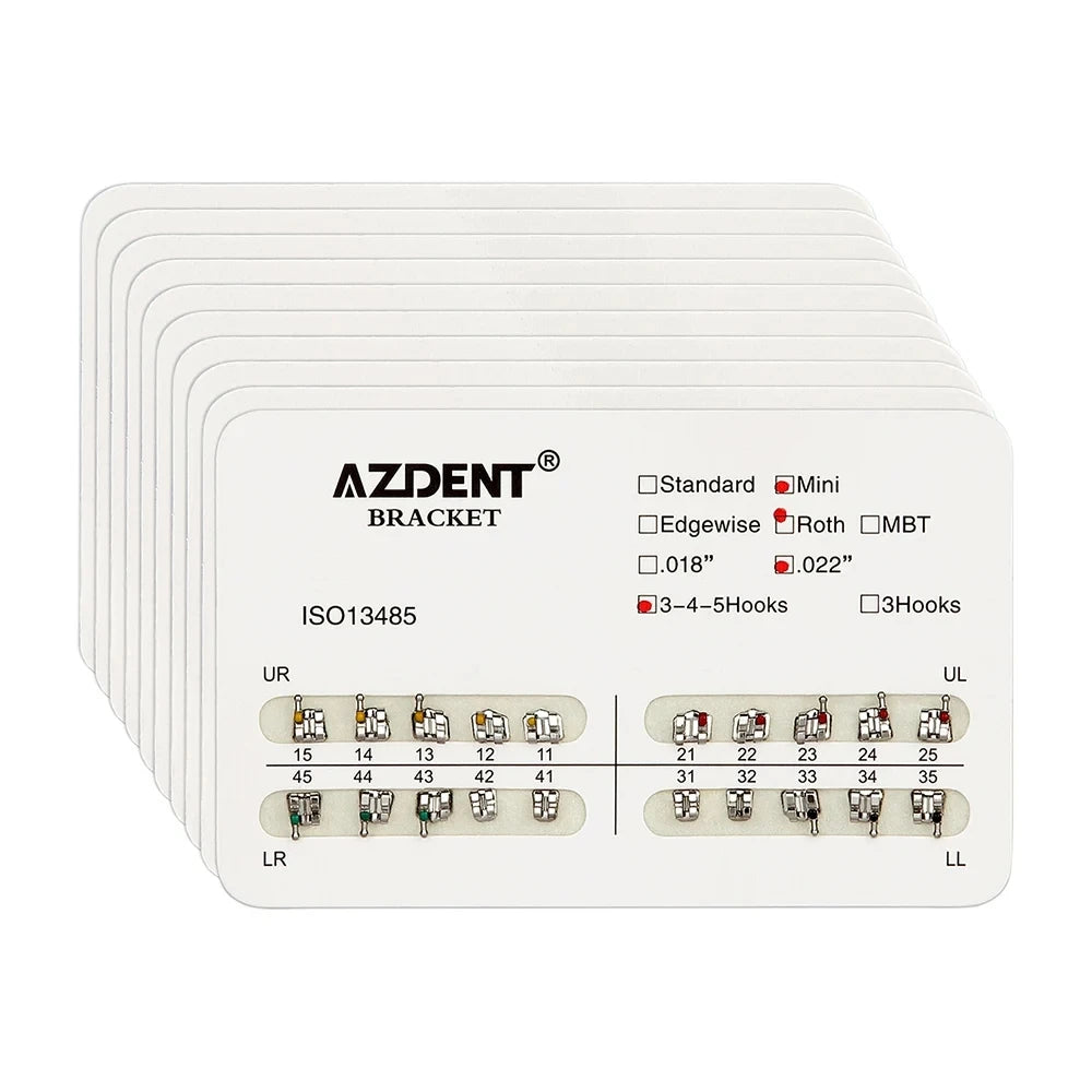 AZDENT 10Packs Dental Brackets Orthodontic Brace Metal Mini Standard Roth MBT Slot 0.022 0.018 Hooks 3-4-5 20pcs per Pack