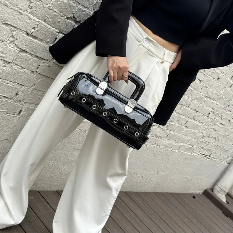 Black Patent Leather Handbag, Fashion Belt Buckle Crossbody Bag Silver Hardware Accessories Square Motorcycle Bag For Cool Girl