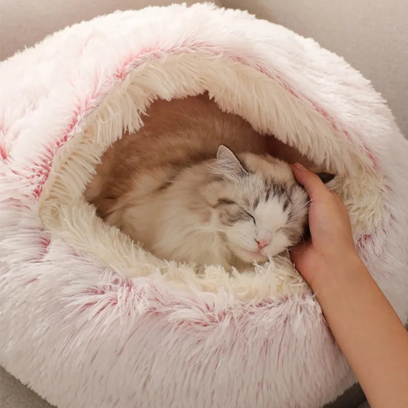 1PC Cat Beds Round Soft Plush Burrowing Cave Hooded Cat Bed Donut for Dogs Cats Comfortable Self Warming Dog Bed Pet Accessories