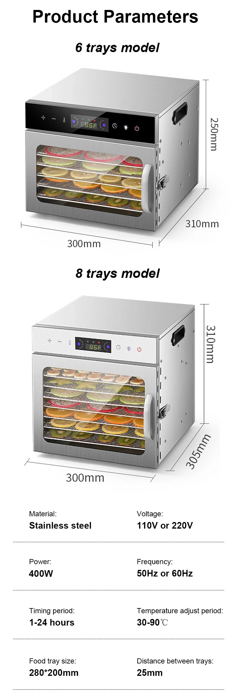 6/8 Layers Stainless Steel Food Dehydrator Digital Temperature Control Fruits Vegetables Air Drying Machine Snacks Meat Dryer EU