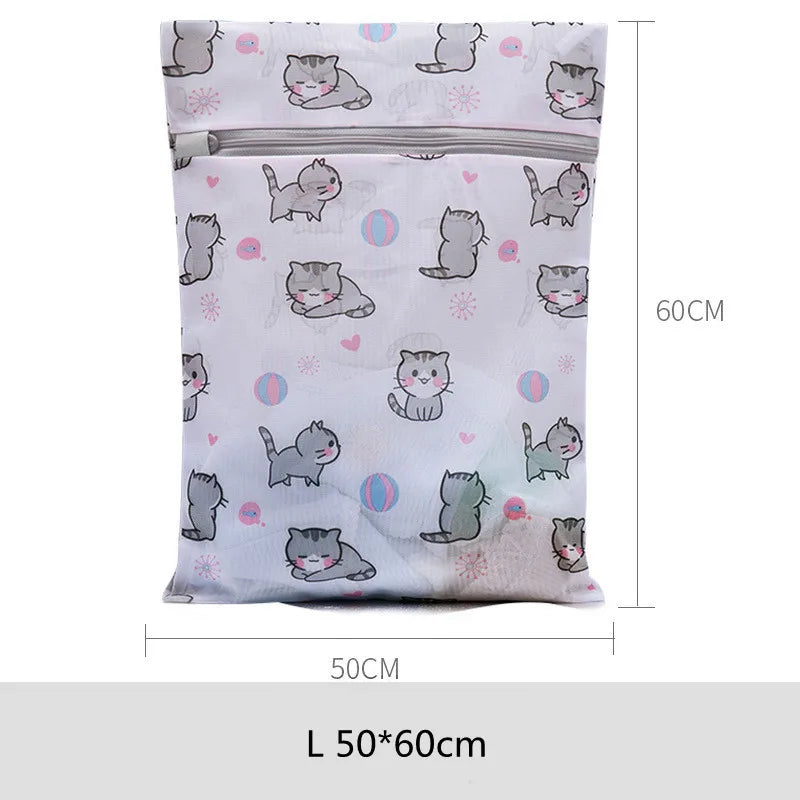 Cartoon Cat Printing Laundry Bag for Washing Machines Lingerie Wash Bags Foldable Dirty Clothes Bag Bra Underwear Laundry Basket