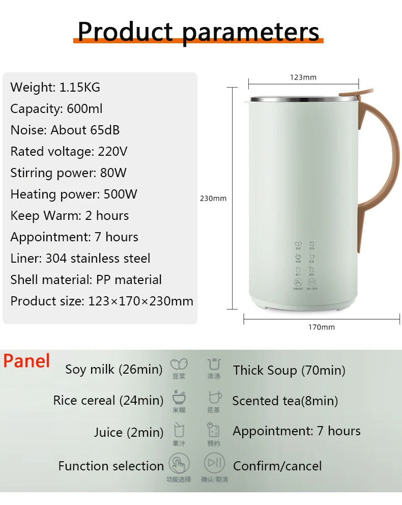 600ML Soymilk Machine Soy Milk Maker Electric Juicer Mixer Vegetable Extractor Food Blender Filter Free Soup Pot Tea Maker 220V