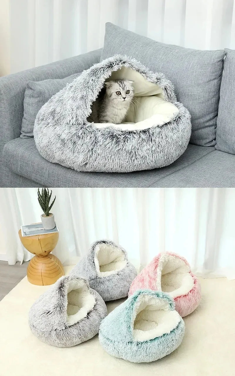 1PC Cat Beds Round Soft Plush Burrowing Cave Hooded Cat Bed Donut for Dogs Cats Comfortable Self Warming Dog Bed Pet Accessories