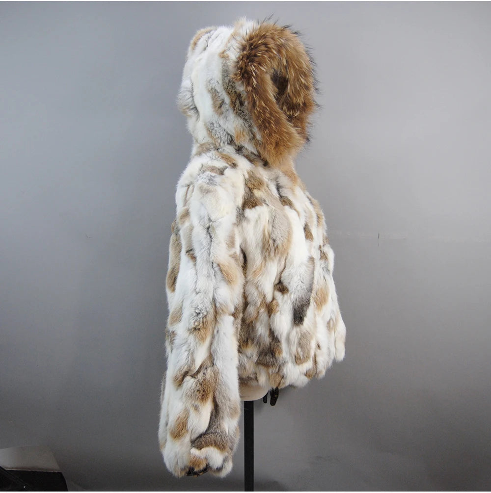 2025 Russian Women Real Rabbit Fur Coats Winter Warm 100% Natural Rabbit Fur Jacket Lady Warm With Raccoon Fur Hooded Outerwear