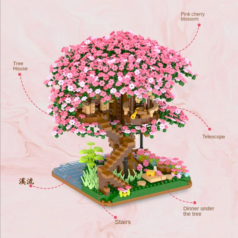 2138pcs DIY Discoloration Cherry Blossom Flower Pink Tree House Train Assembly Building Blocks Classic Model Bricks Sets Kid