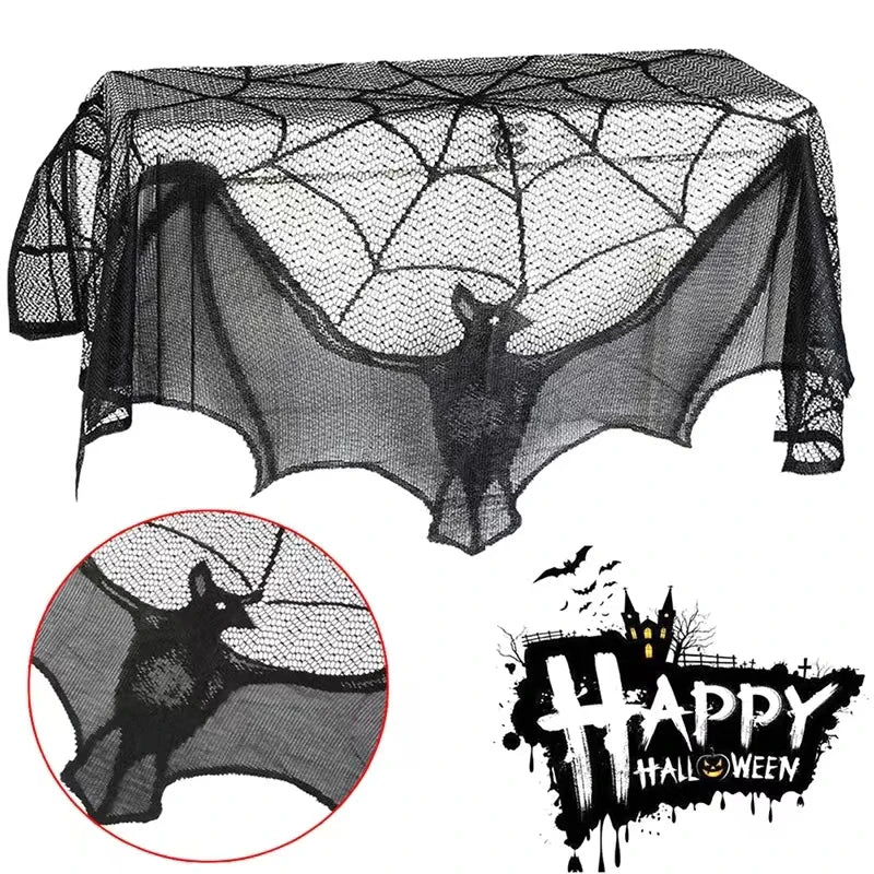 1pc Halloween Lace Curtain Black Bat Spider Tablecloth Fireplace Mantel Scarf Cover Halloween Home Room Cobweb Horror Decoration