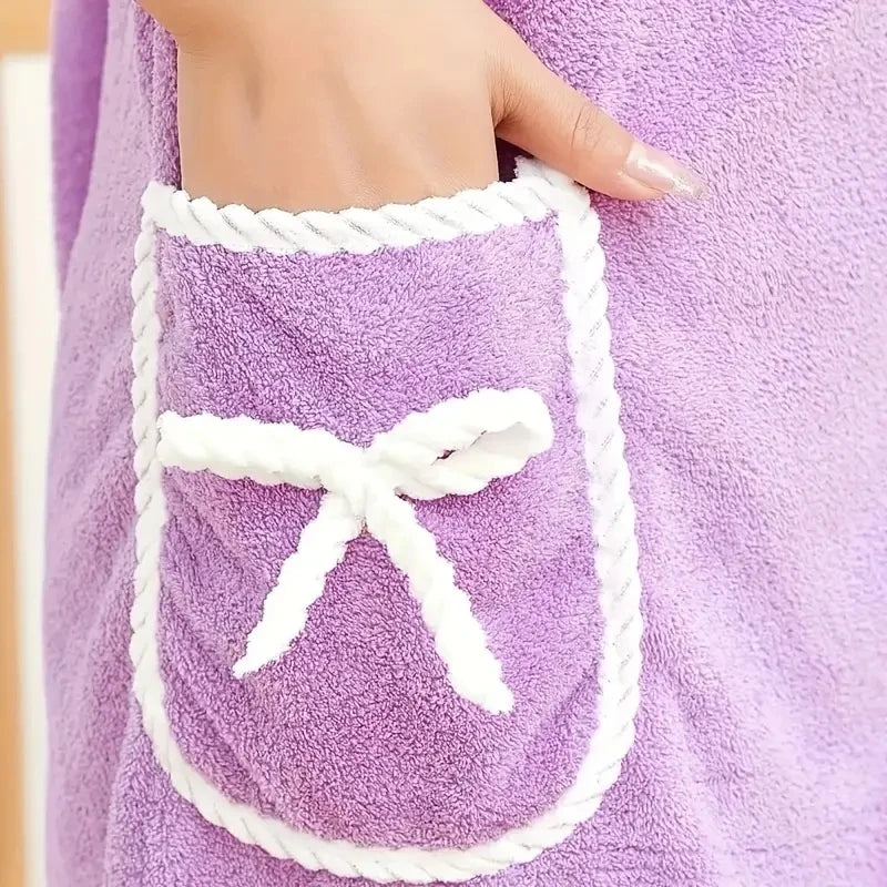 1pc Wearable Bath Towel, Cute Bow Soft Shower Skirt For Women,. Adjustable Bath Robe With Pocket For Home And Travel