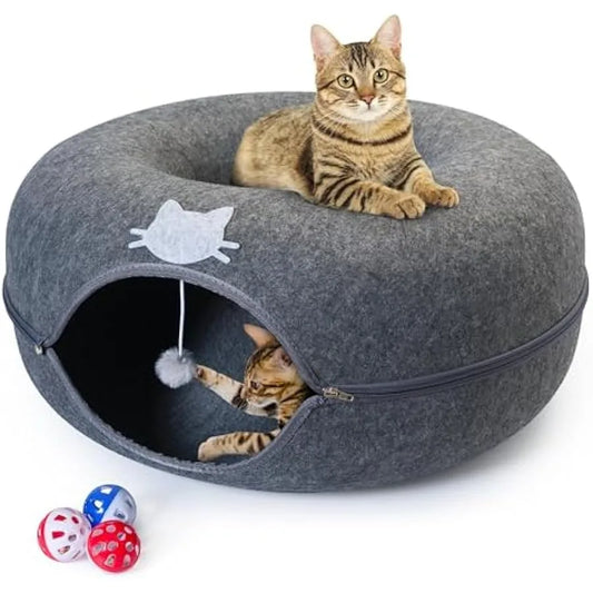 Cat Cave Donut Bed - Large Cat Tunnel Bed up to 30lbs - 3 Toy Balls and Hanging Ball Included - Detachable Cleanable Scratch Re