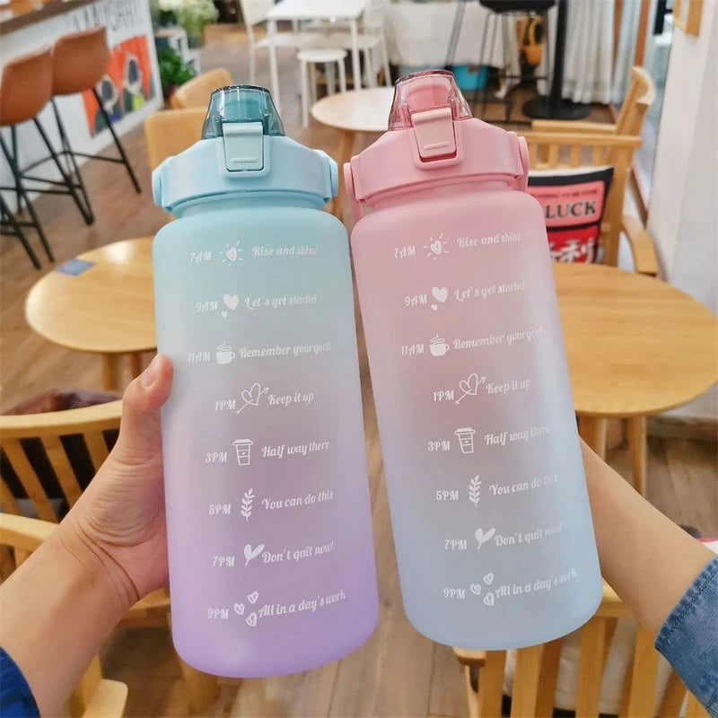 2L Outdoor Large Capacity Sport Water Bottle Creative Plastic Cup Bounce Cover Outdoor Leakproof Straw Cup with Time Marker