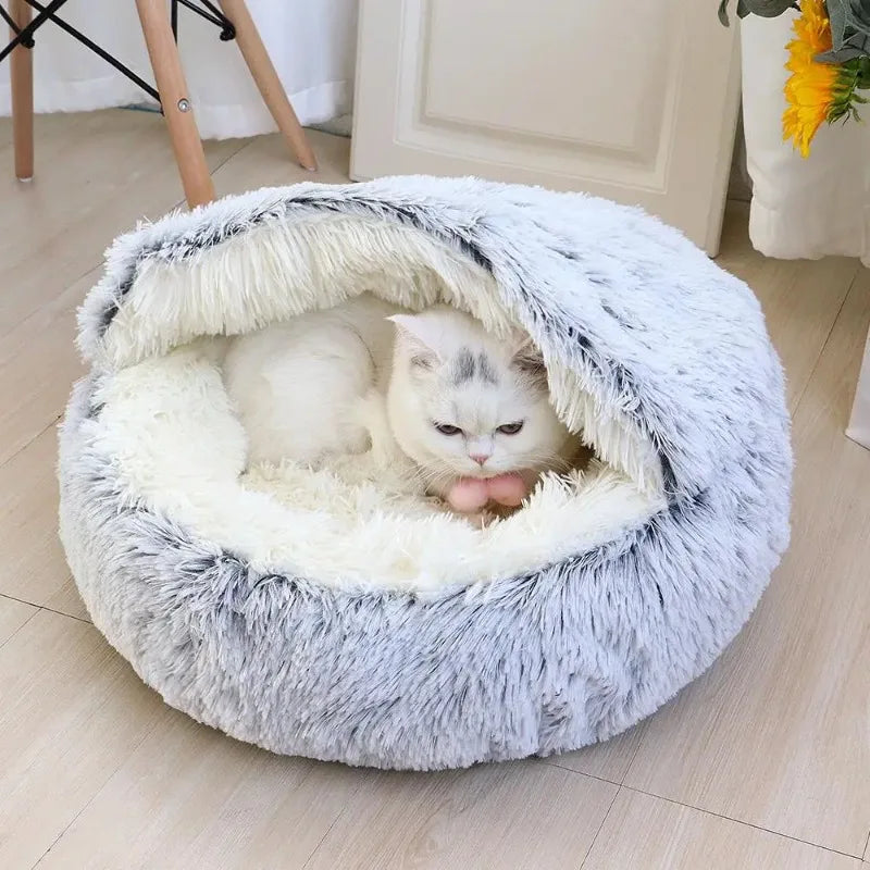 1PC Cat Beds Round Soft Plush Burrowing Cave Hooded Cat Bed Donut for Dogs Cats Comfortable Self Warming Dog Bed Pet Accessories