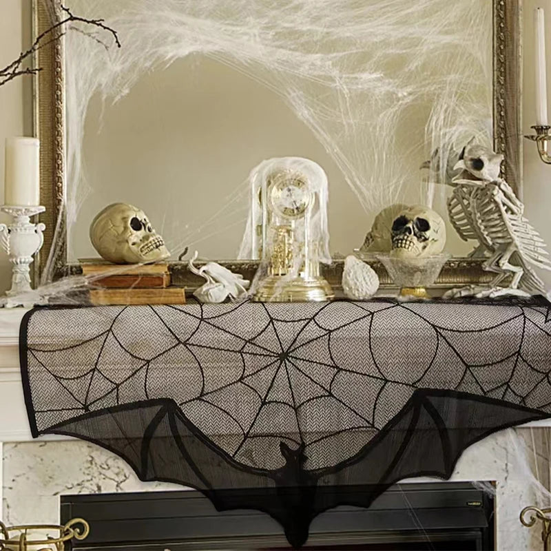 1pc Halloween Lace Curtain Black Bat Spider Tablecloth Fireplace Mantel Scarf Cover Halloween Home Room Cobweb Horror Decoration