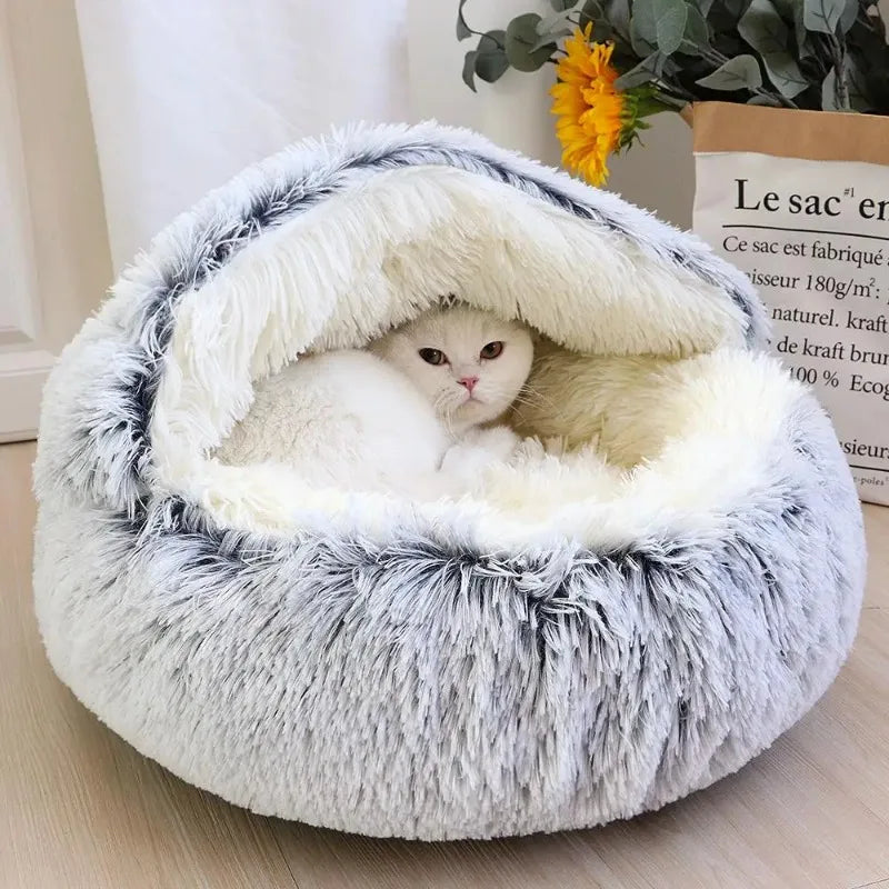 1PC Cat Beds Round Soft Plush Burrowing Cave Hooded Cat Bed Donut for Dogs Cats Comfortable Self Warming Dog Bed Pet Accessories