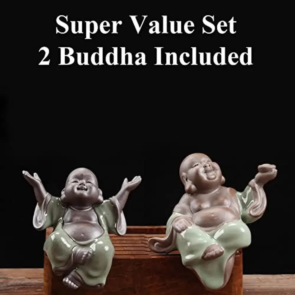 Ceramic Buddha Water Fountain Indoor LED 2 Buddhas Mist Backflow Incense Holder Feng Shui Tabletop 13.8"x5.5"x15" Light Water