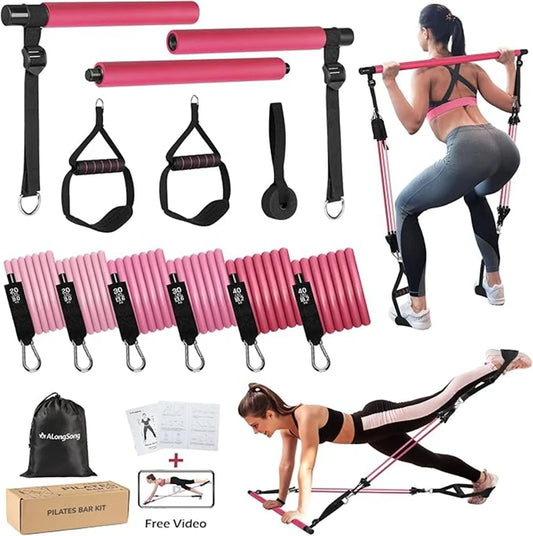 2 in 1 Upgraded Pilates Bar Kit with resistance band exercise bands Natural Latex Heavy-Duty Stainless Steel Yoga Pilates