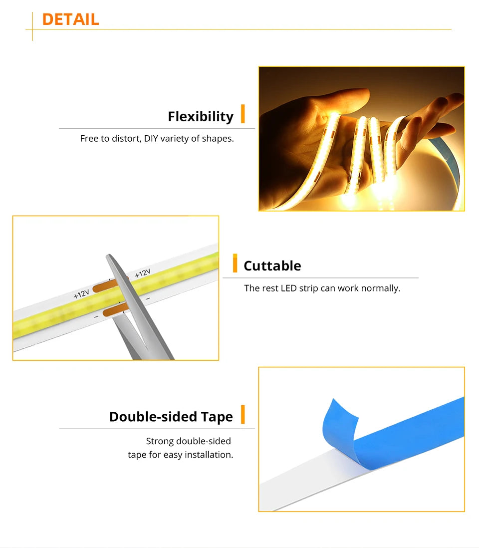 5M 10M COB LED Strip Light 12V 24V 320LEDs/M High Brightness FCOB Flexible LED Bar Tape Ribbon Linear Dimmable For Room Decor