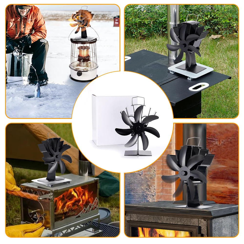 7 Blade Thermal Fireplace Fan Standing Classic Cordless Low Noise Home Ice Fishing Log Burner Aluminum Alloy Fan No Electricity