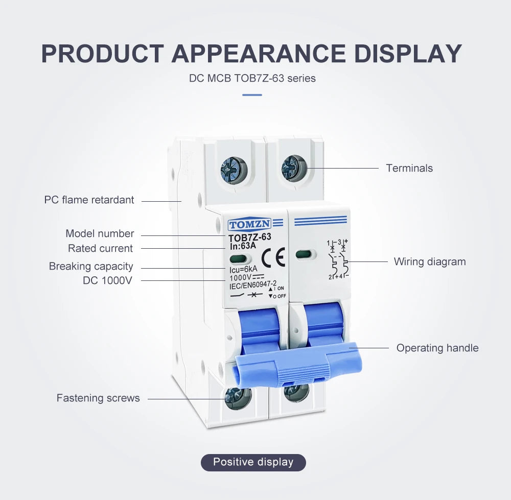 2P DC 1000V Solar Mini Circuit Breaker 3A 6A 10A 16A 20A 25A 32A 40A 50A 63A DC MCB for PV System