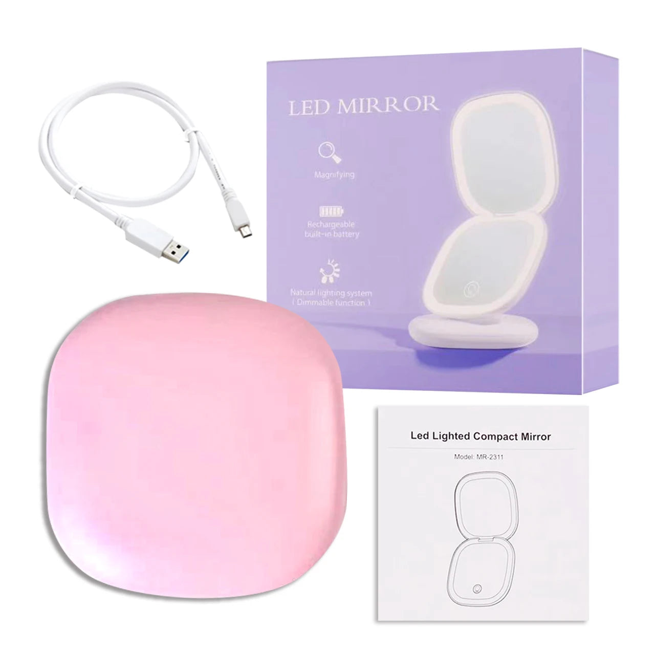 2 Face Sides Touch Compact Led 3 Colors Mini Foldable Cosmetic Charge Makeup Mirror With Light 5X Magnifying Small Pocket Travel