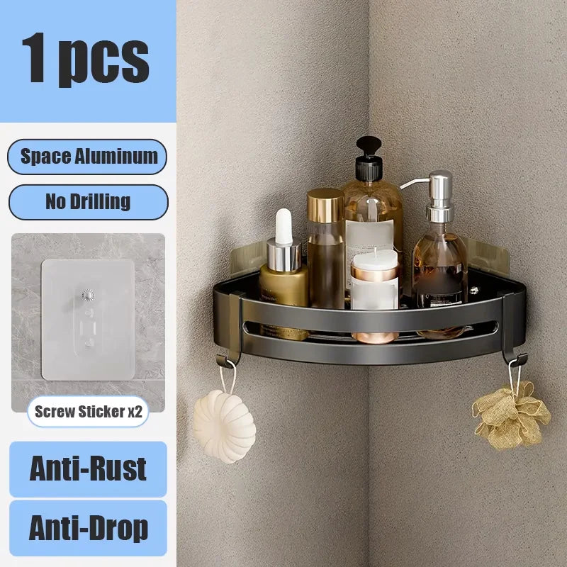 Bathroom Shelf Kitchen Storage Organizer Aluminum Alloy Shampoo Rack Shower Shelf Bathroom Accessories No Drill Shelf