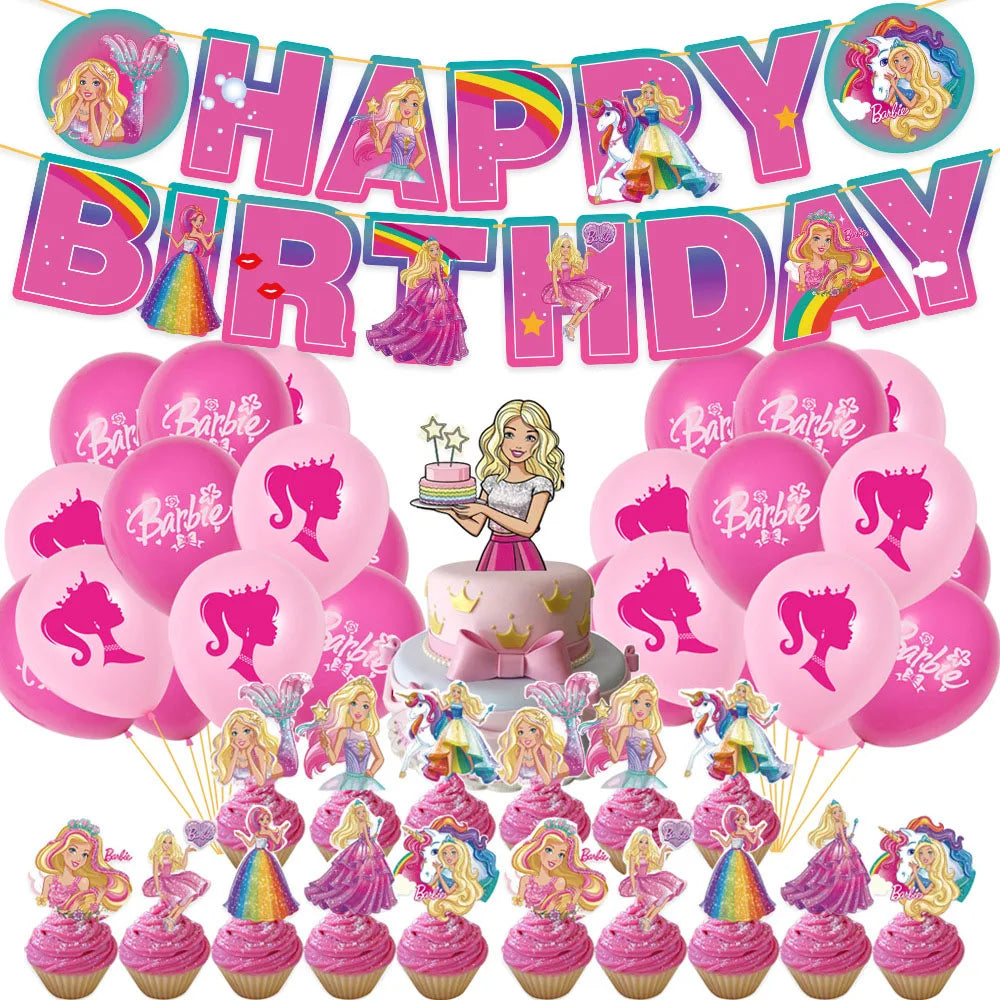 Barbie Birthday Party Supplies Pink Girl Disposable Tableware Banner Cupcake Topper Background Princess Balloons Gift Bag