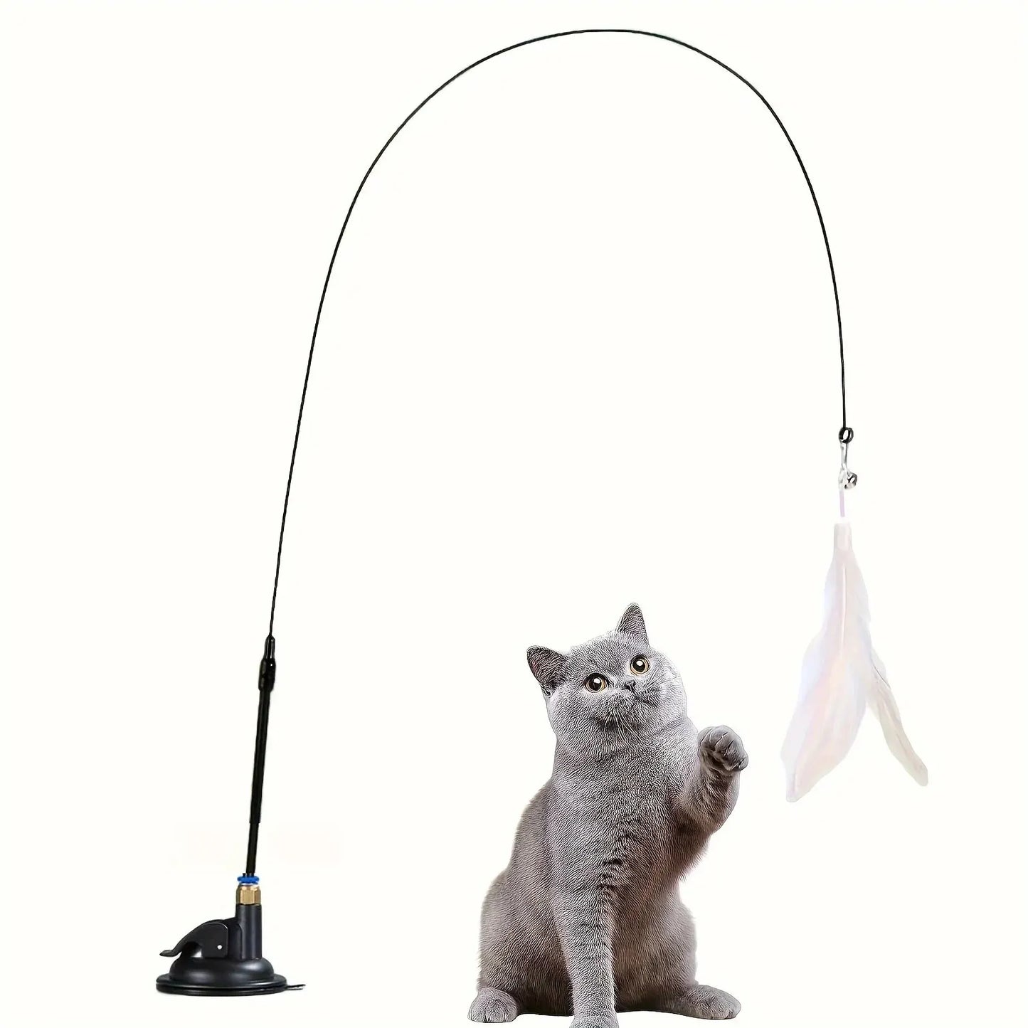 Cat Teaser Toy - Interactive Bell & Feather Wand - Long Suction Cup Pole for Exciting Playtime Adventures - Ultimate Cat Toy