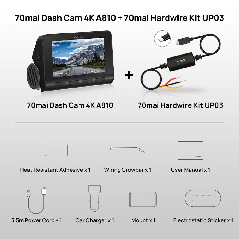 70mai Dash Cam A810 UHD 4K 150FOV GPS ADAS 24H Parking 4G Connectivity Car DVR 70mai 4G A810 HDR Dual-Channel Route Tracking