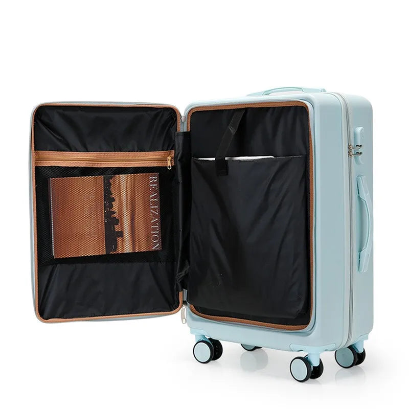 20 inch multifunctional front opening business luggage with swivel wheels and a pull rod