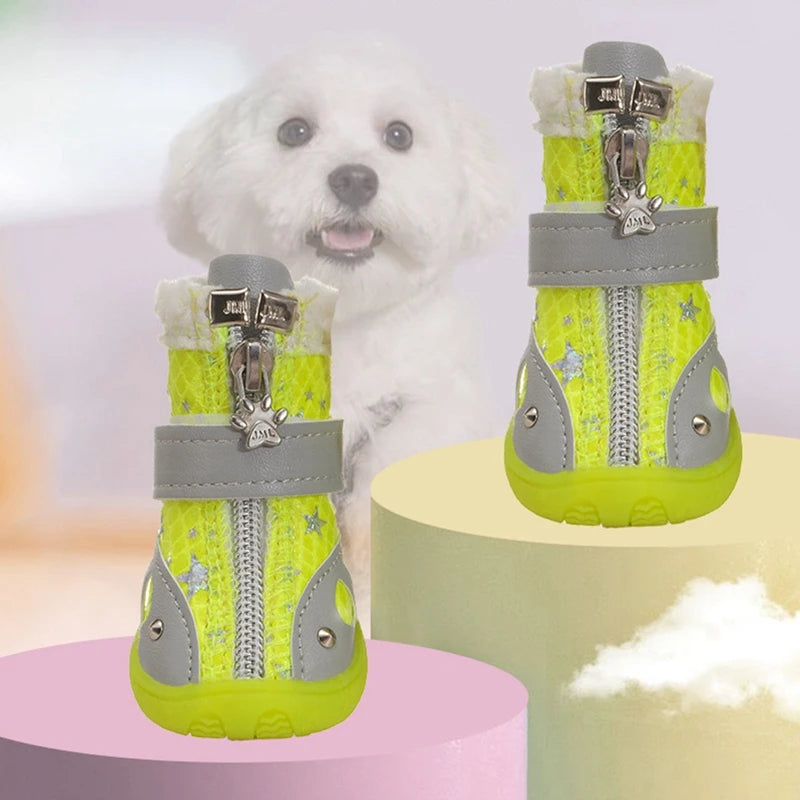 4pcs Shoes for Small Dogs Cute Breathable Dog Booties with Zipper Easy to Wear Anti-Slip Soft Pet Shoes Puppy Boots All Seasons