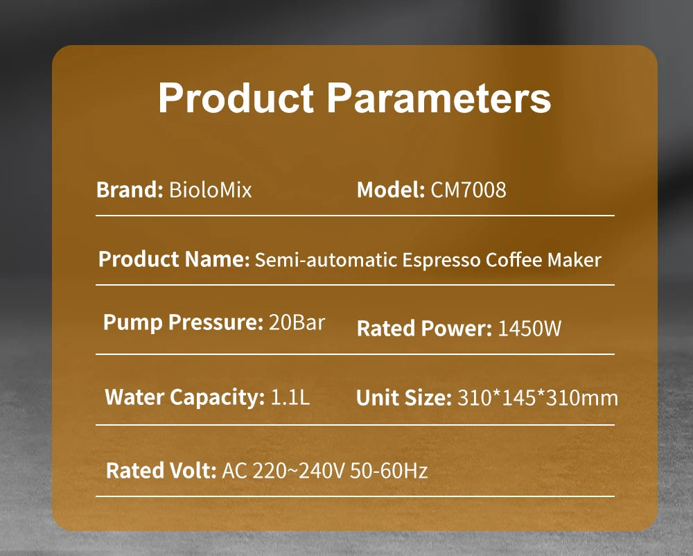 BioloMix 20 Bar Semi Automatic Coffee Machine, with Milk Steam Frother Wand,for Espresso,Cappuccino,Latte and Mocha