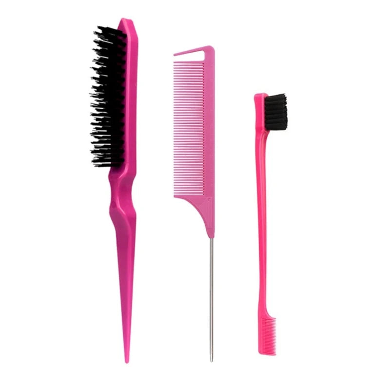 3Pcs Slick Back Hair Brush Set Bristle Hair Brush Brush Teasing Comb for Women Baby Kids Black Hair