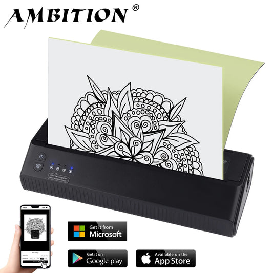 Ambition Portable Wireless Tattoo Printer Thermal Printer Transfer Bluetooth USB Mobile Machine Text PDF Document Maker with Pap