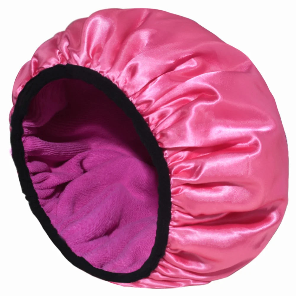 Adjustable Double Layer Satin Bonnet Nightcap Doubleside Women Round Shower Caps Night Sleep Polyester Hat Solid Black Lining