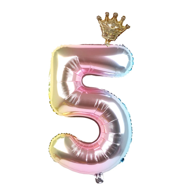 2pcs 32inch Rainbow Number Foil Balloons with Crown for Kids Boy Girl 1st Birthday Party Decorations Rose Gold Figures Globos