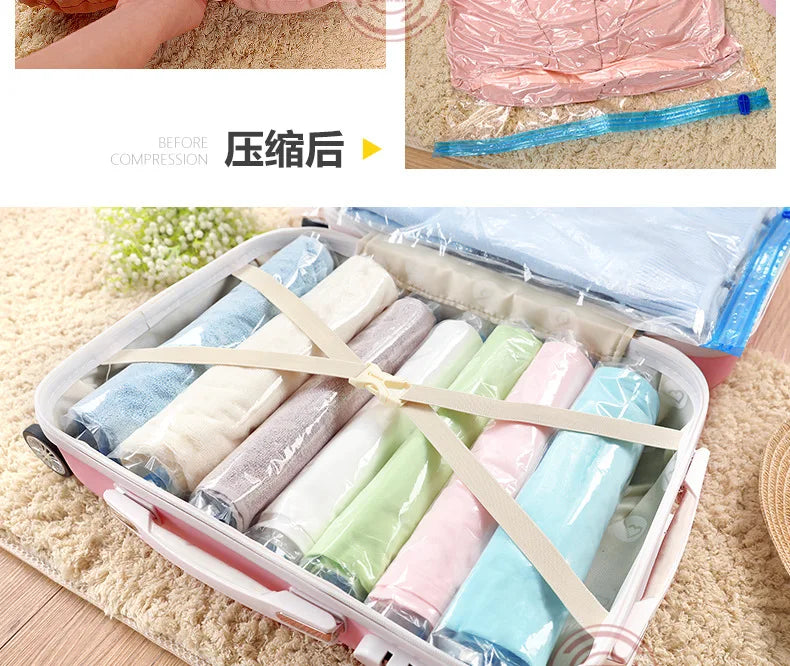 2023 Roll-Up Compression Vacuum Clothes Storage Bags Space Saver Foldable Travel Luggage Seal Pouch Home Package Packing Cube