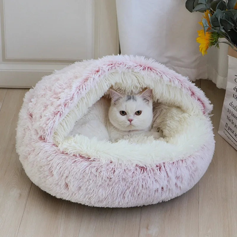 1PC Cat Beds Round Soft Plush Burrowing Cave Hooded Cat Bed Donut for Dogs Cats Comfortable Self Warming Dog Bed Pet Accessories