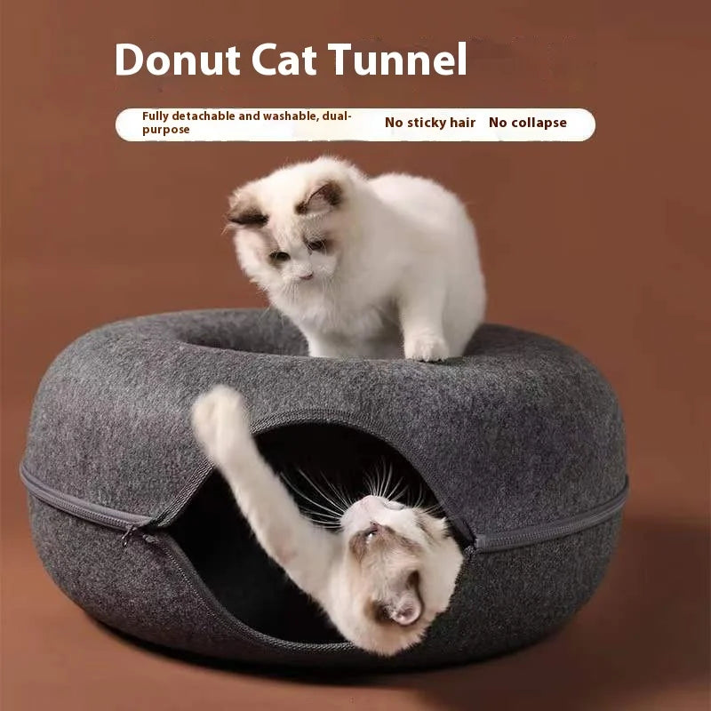 All Funny Donut Cat Bed Interactive Tunnel Pet Felt Indoor Toys Cats House Kitten Training Toy Cat Kennel Pets Supplies