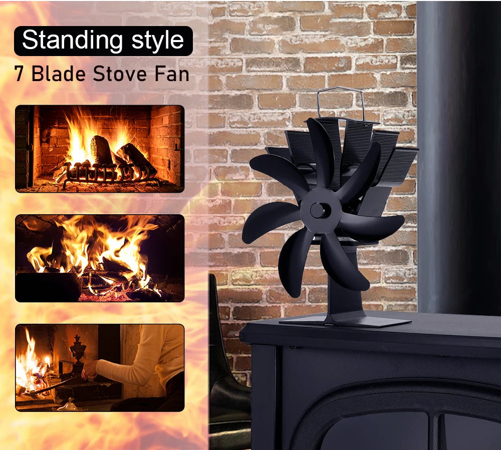 7 Blade Thermal Fireplace Fan Standing Classic Cordless Low Noise Home Ice Fishing Log Burner Aluminum Alloy Fan No Electricity