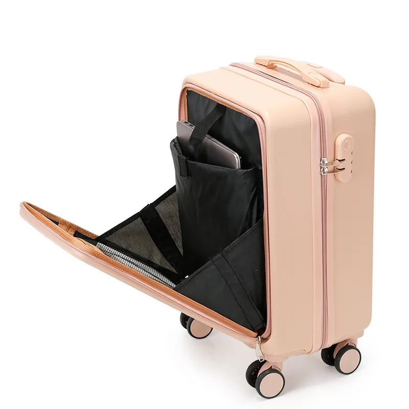 20 inch multifunctional front opening business luggage with swivel wheels and a pull rod