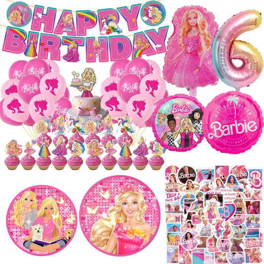 Barbie Birthday Party Supplies Pink Girl Disposable Tableware Banner Cupcake Topper Background Princess Balloons Gift Bag