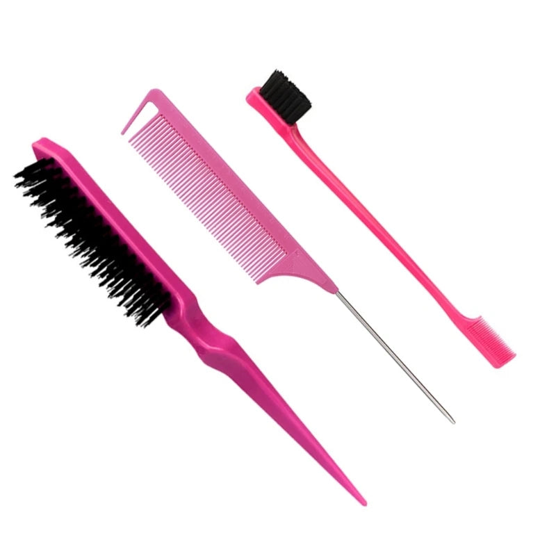 3Pcs Slick Back Hair Brush Set Bristle Hair Brush Brush Teasing Comb for Women Baby Kids Black Hair