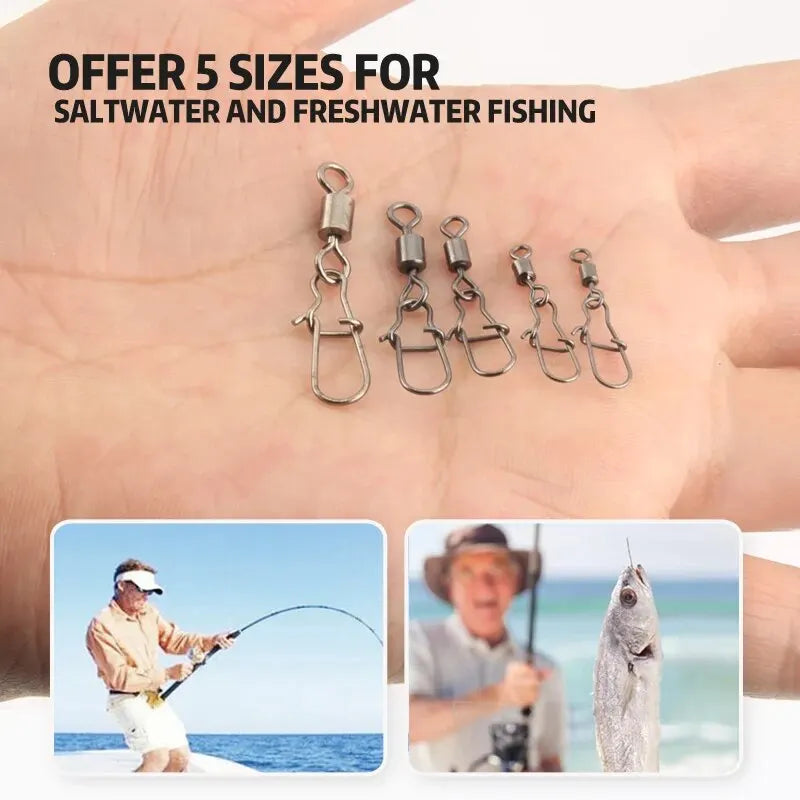 50pc/box Stainless Steel Fishing Connector Pin 4# 6# 8#10#12# Bearing Rolling Swivel with Snap Fishhook Lure Accessories