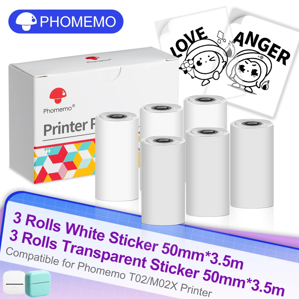 6 Rolls Phomemo Thermal Paper Adhesive Sticker DIY label Sticker Thermal Paper for T02 M02X Mini Portable Thermal Printer