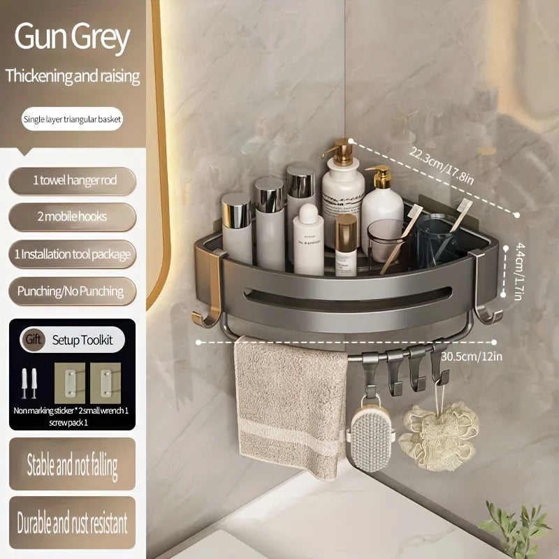 Bathroom, Space Aluminum Storage Rack, Non Perforated Bathroom Wall Hanging Corner Storage Rack, Gun Gray Triangular Basket