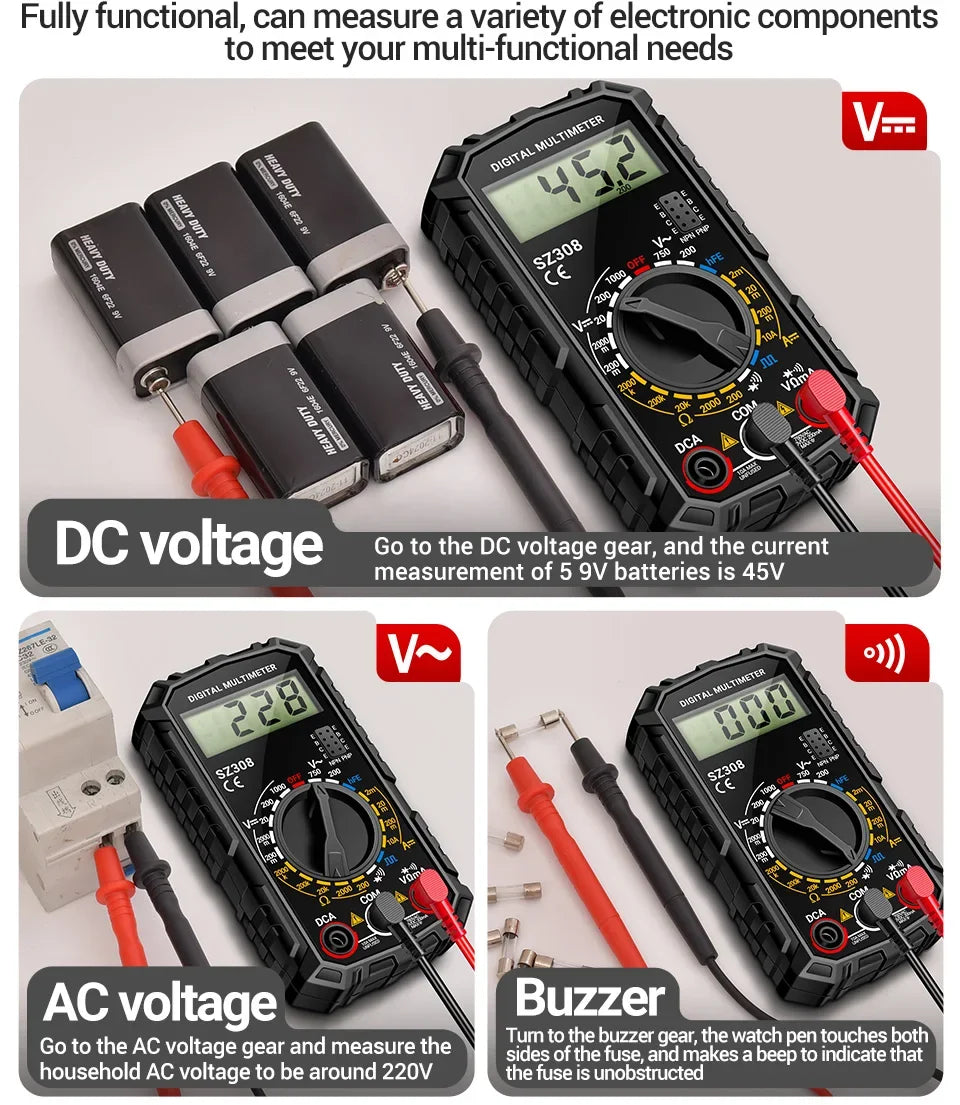 ANENG SZ308 Square Wave Digital Tester 1999 Counts HFE Triode Buzzer Multimeter AC/DC Voltage 10A Current Multimeters Meter Tool